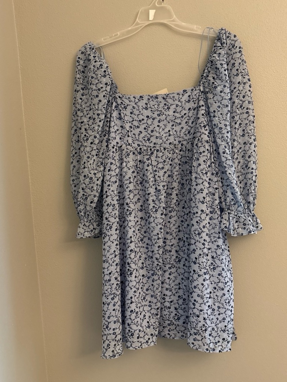 miami Light Blue Floral Square-Neck Puff Sleeve Mini Dress